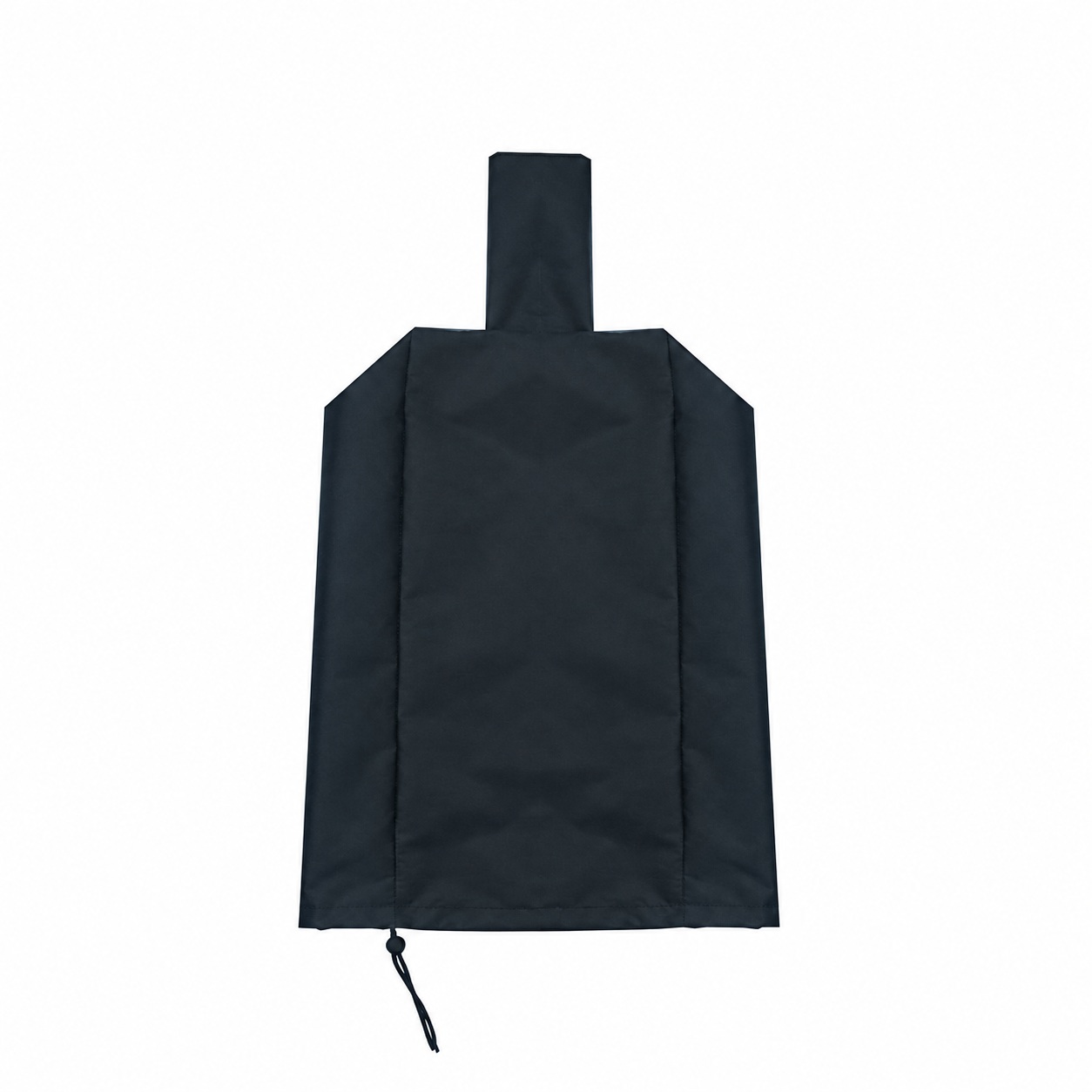 Black shaped oven cover with a narrow upright chimney sleeve, angled shoulders and lower drawcord.
