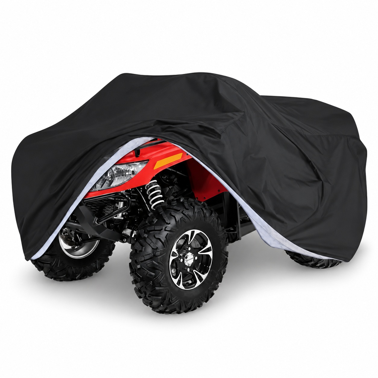Black full storage cover shaped around an ATV quad bike.