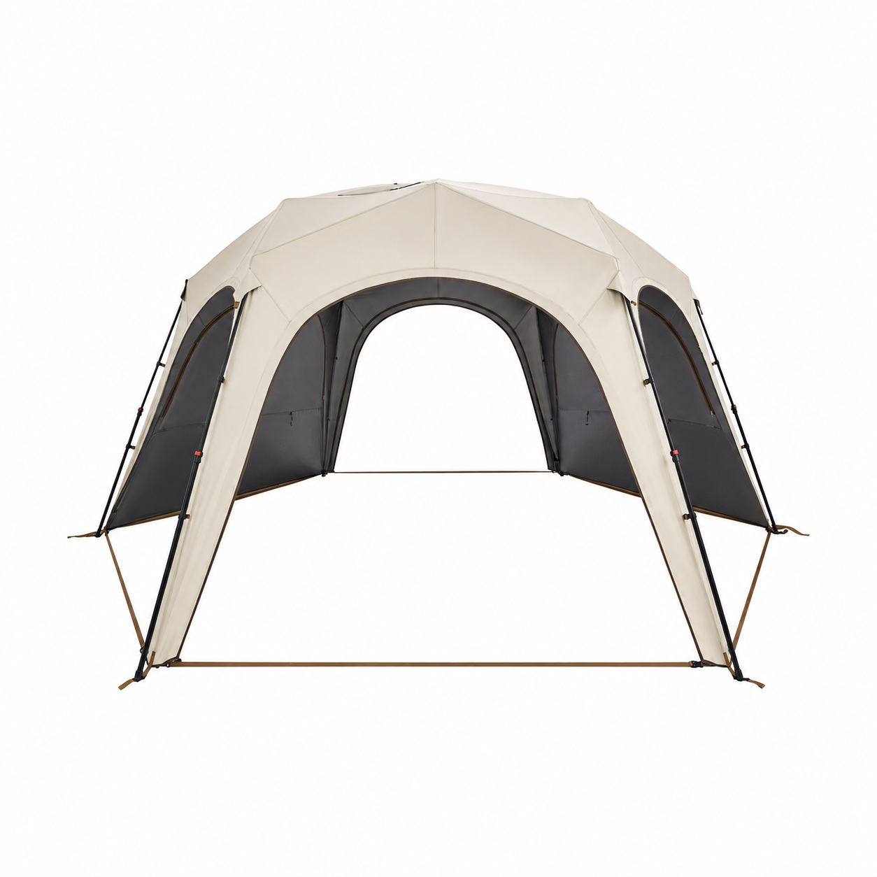 Sand-beige modular tent with dark arched panels and exposed pole structure