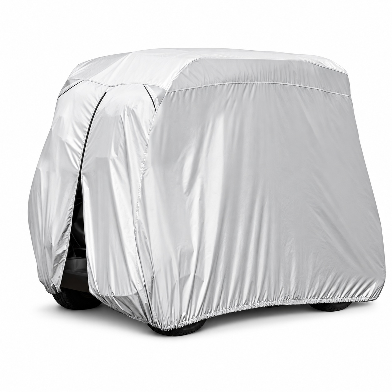Full storage cover fitted over a golf cart's roof and body.