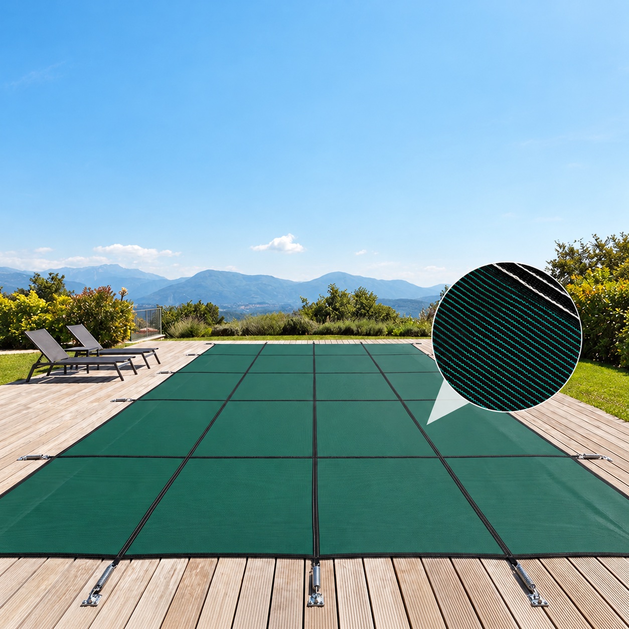 Green mesh pool cover with a sewn strap grid, perimeter fixings and a fabric-detail inset.