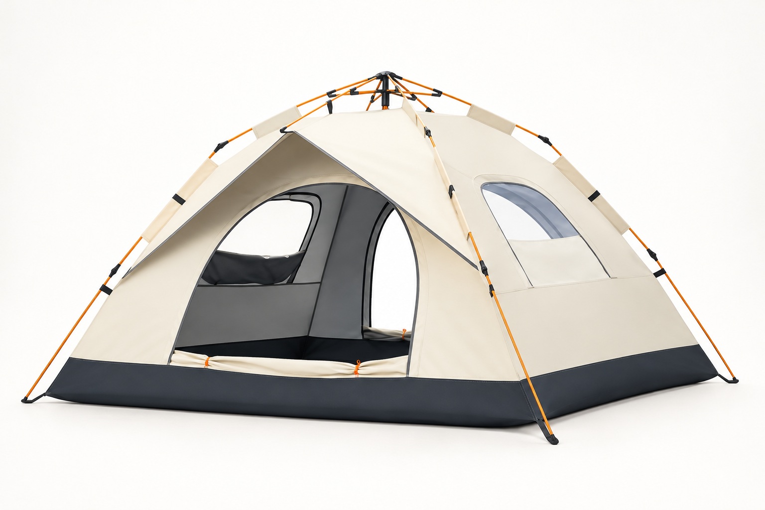 Ivory automatic camping tent with orange frame rods, a large open doorway and a dark floor