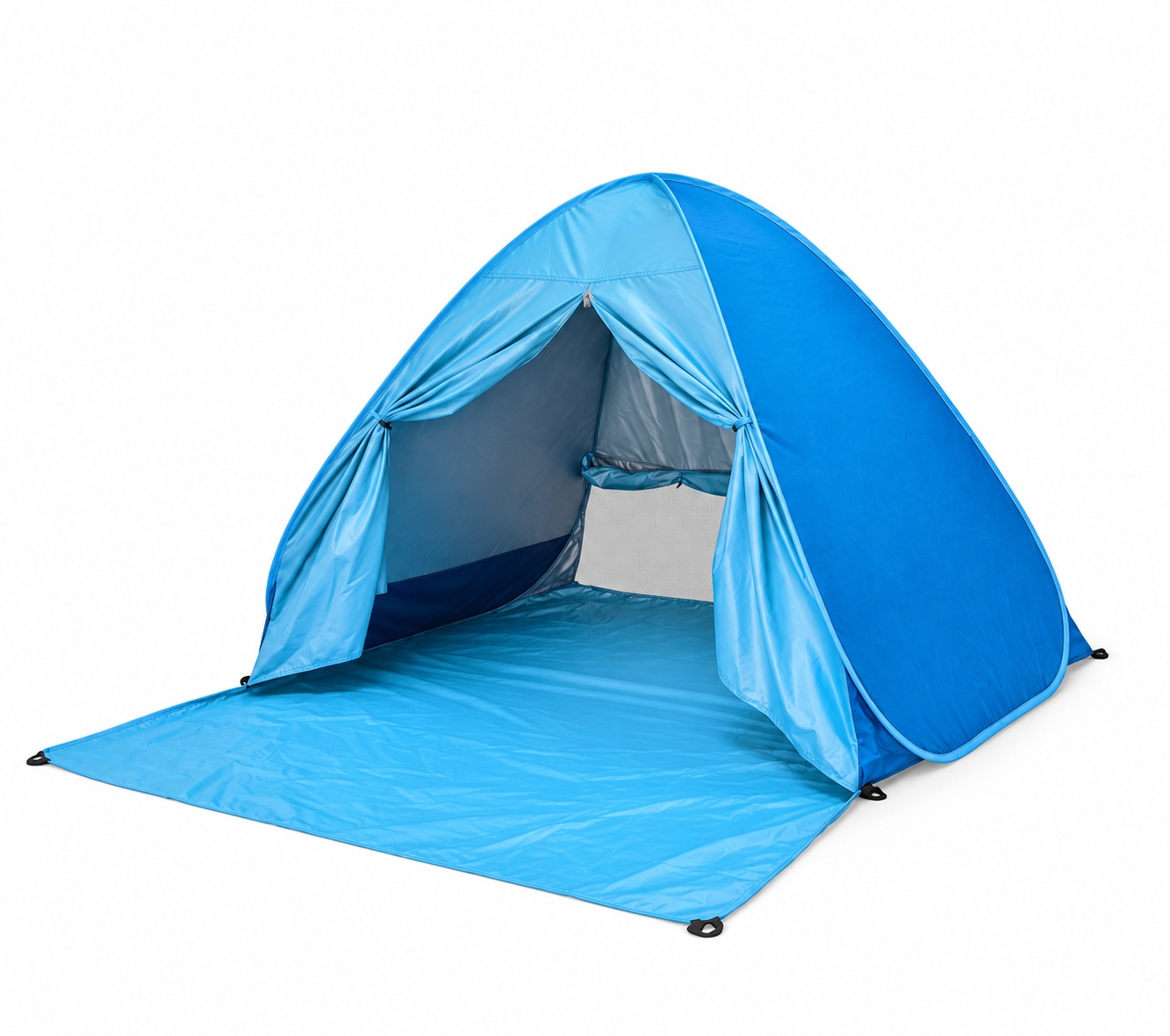 Blue pop-up beach tent with tied-back curtains and an extended floor
