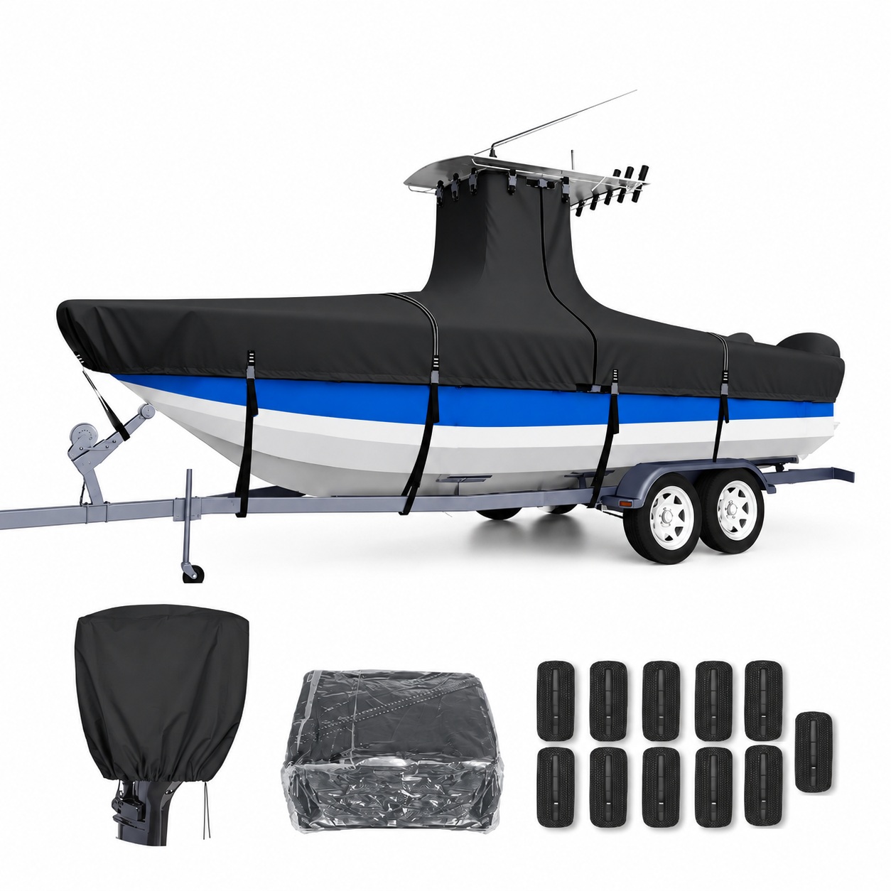 Black boat cover with a raised T-top console section, retaining straps and accessory insets.