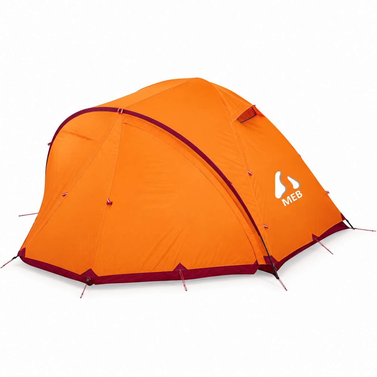 Orange camping tent with a closed front arch, dark edging and small covered upper vent