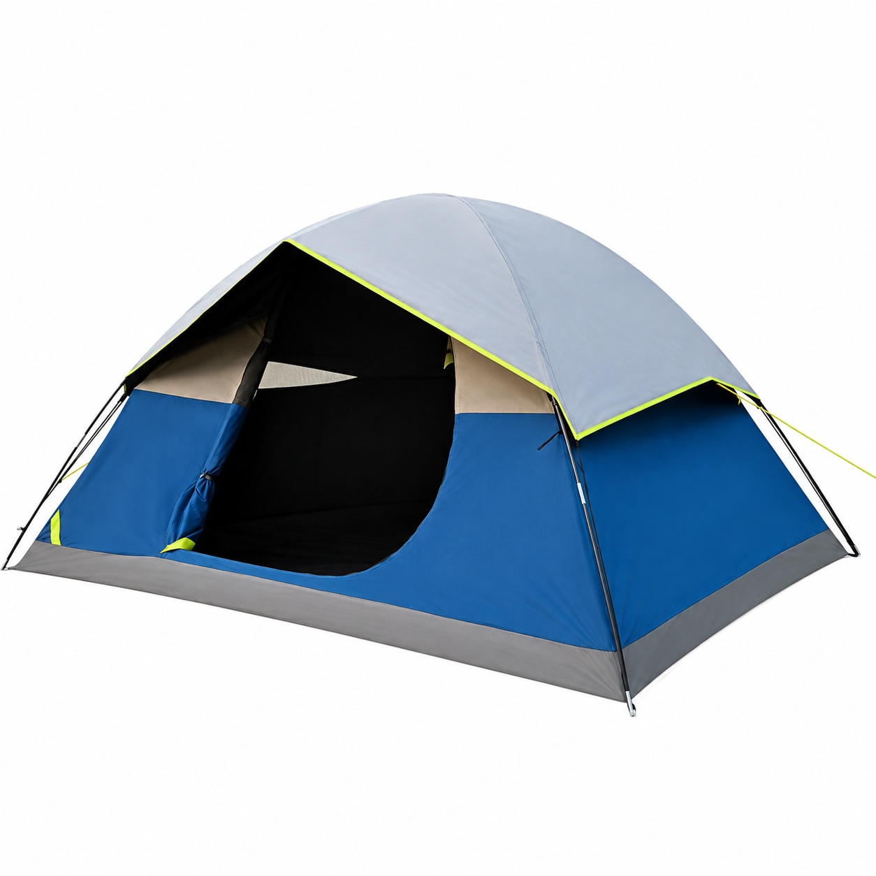 Blue family dome tent with gray rainfly, lime edging and an open dark entrance