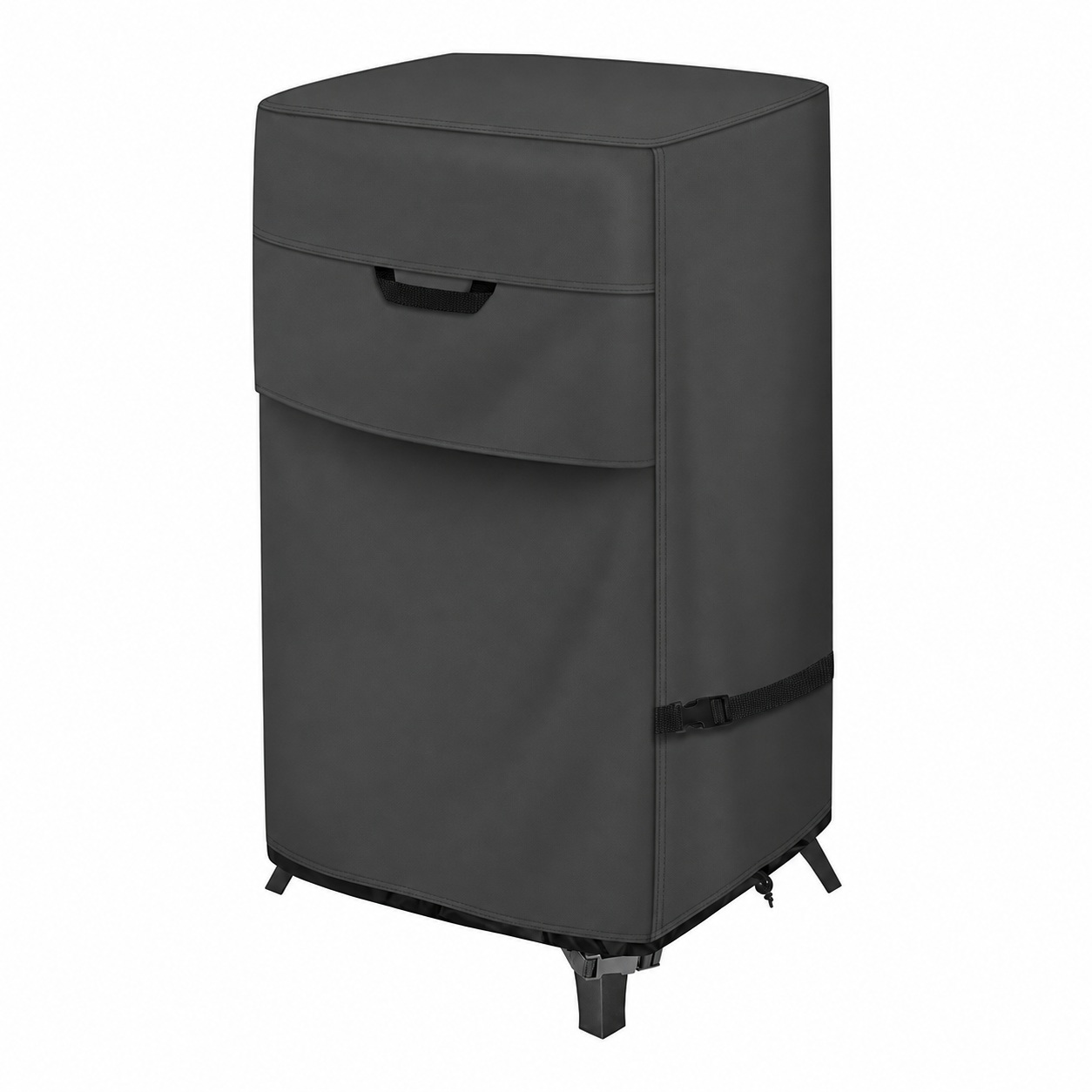 Dark upright rectangular smoker cover with an upper flap, side strap and lower attachments around appliance legs.