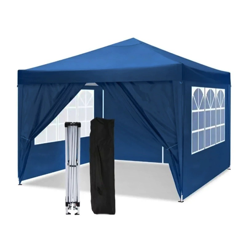 Blue square event shelter with clear grid windows, an arched doorway, folded frame and carry bag.