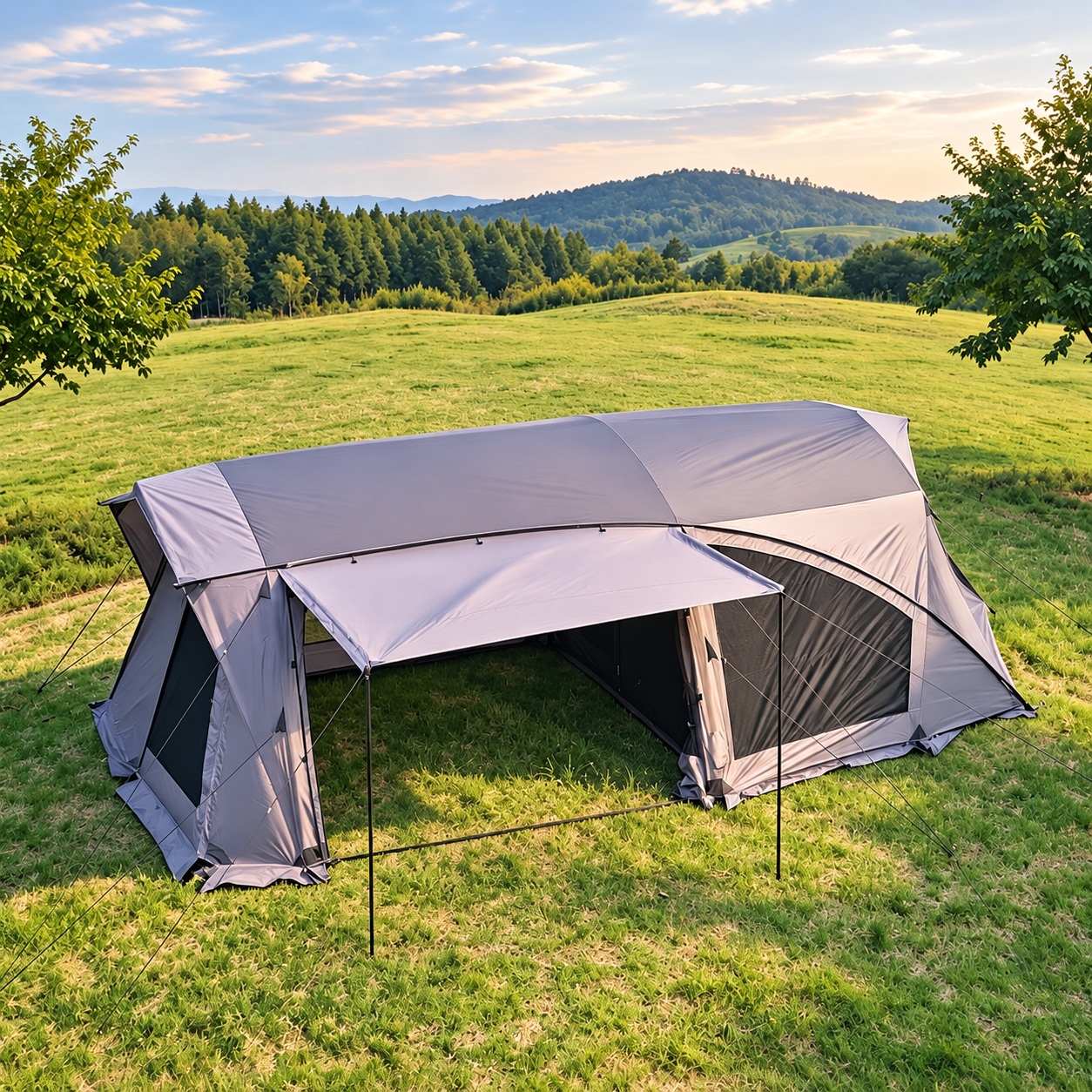 Gray family tent on grass with an extended covered terrace, open side entrance and large mesh panel