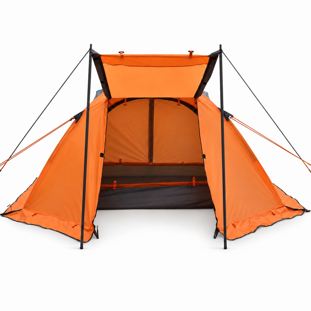Orange pole tent with a ground skirt, open front entry and porch flap raised on support poles