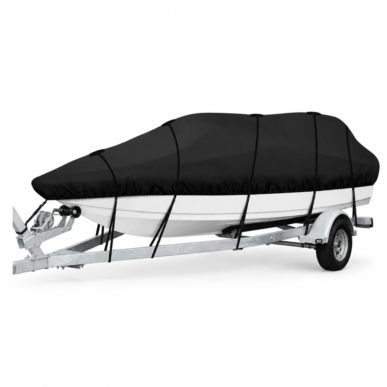 Fitted boat storage cover with securing straps along its lower edge.
