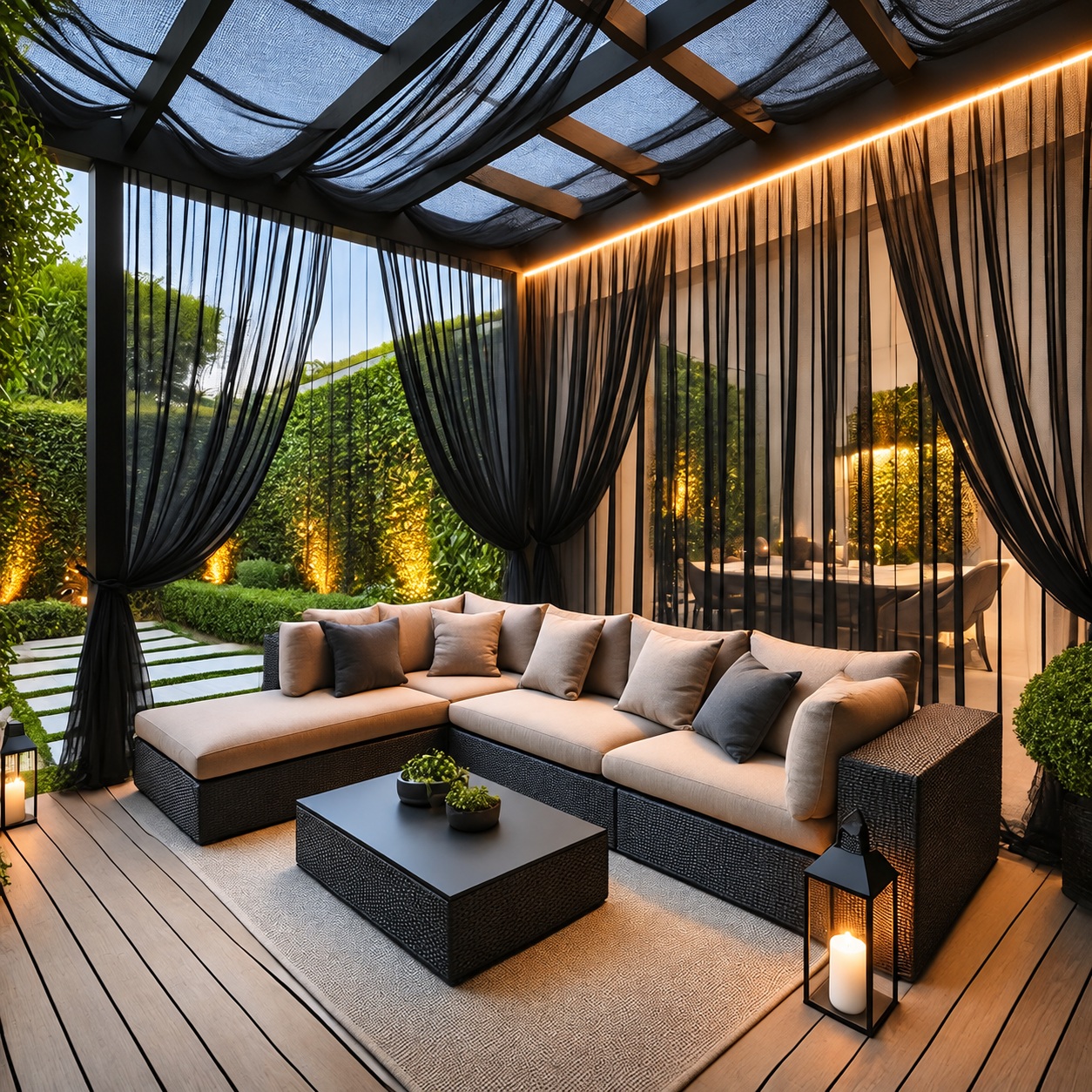 Black transparent mesh curtain panels around a furnished outdoor seating area, with panels gathered beside posts.