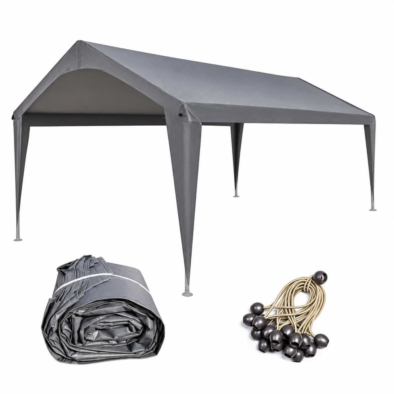 Gray pitched carport replacement cover with fabric leg skirts, a folded top and bungee-cord inset.