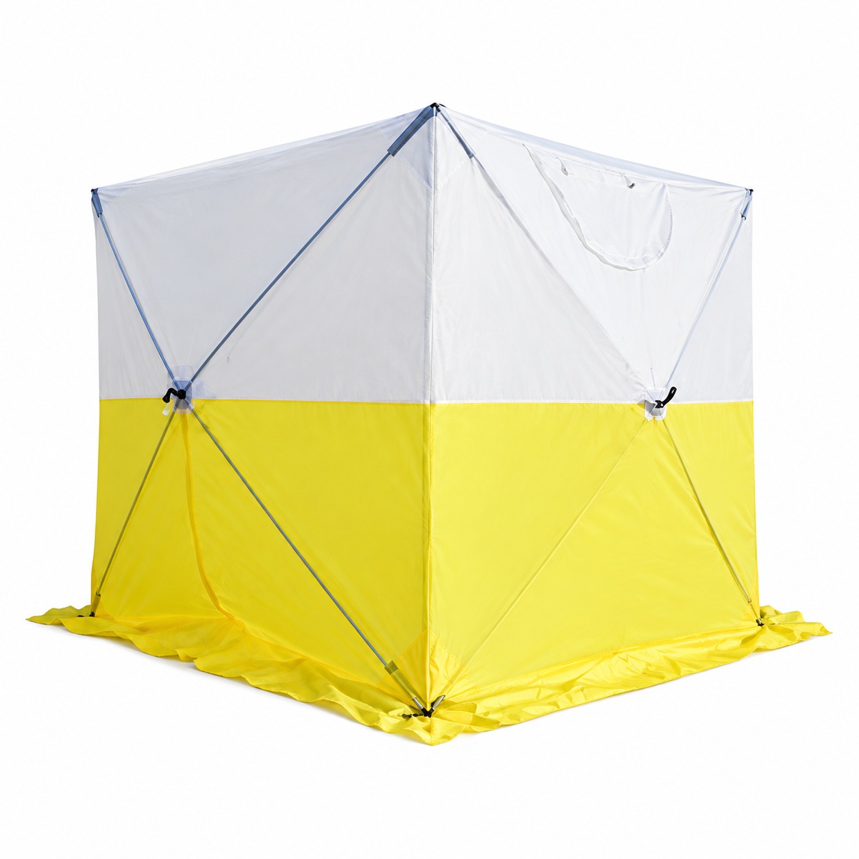 Closed yellow and white cube work shelter with external X-shaped supports and a ground skirt.