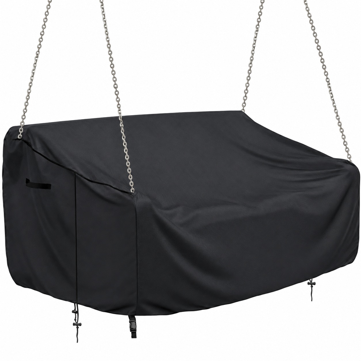 Black fitted cover around a porch swing bench, with suspension chains exposed and lower retaining straps visible.