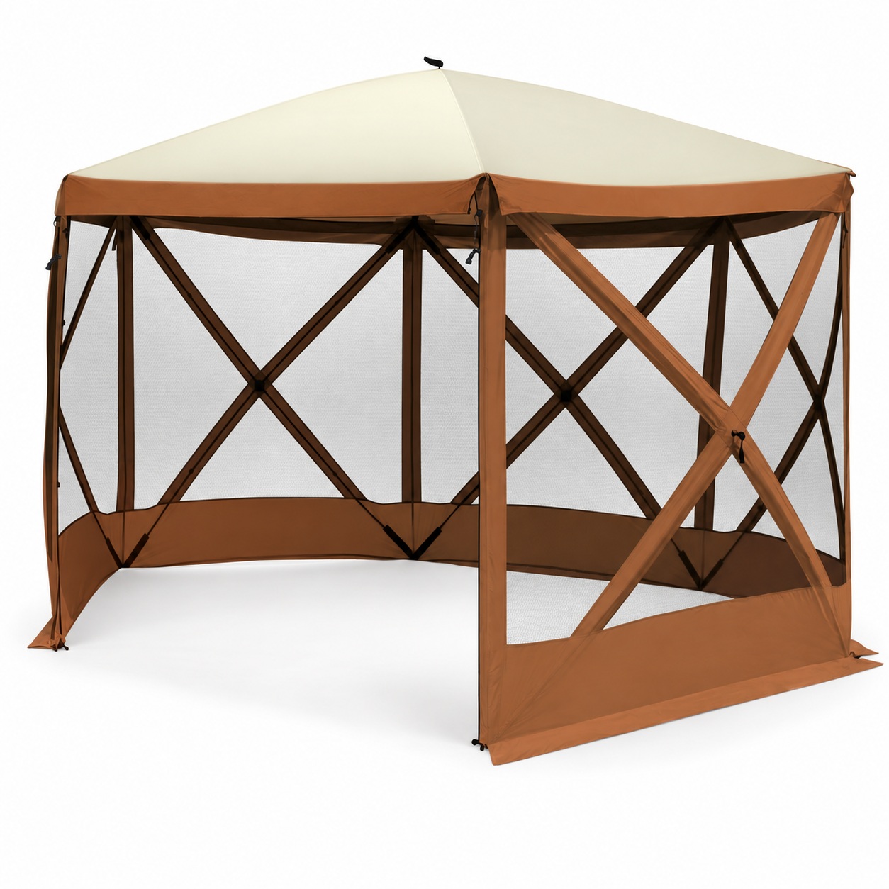 Brown and cream six-sided screen house with mesh walls and visible cross-shaped hub frames