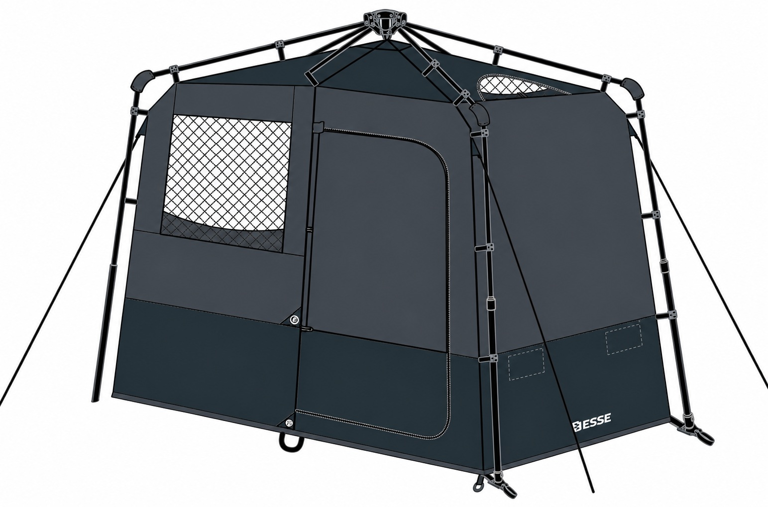 Technical illustration of a dark shower enclosure with mesh window, entry door and external frame