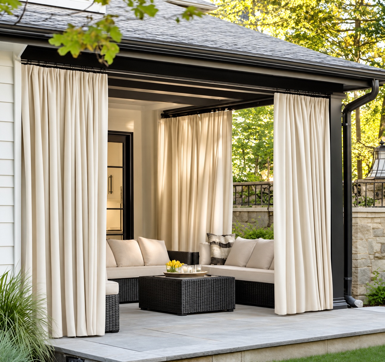 Pale opaque curtain panels suspended around an existing pavilion seating area with outdoor furniture.