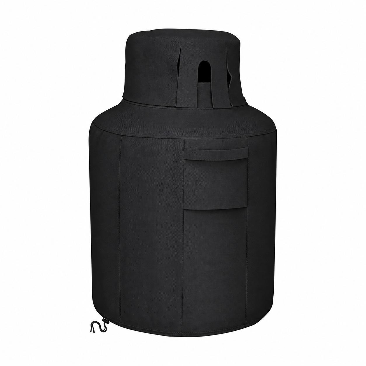 Black bottle-shaped propane tank cover with upper neck openings, a side flap and a lower drawcord.