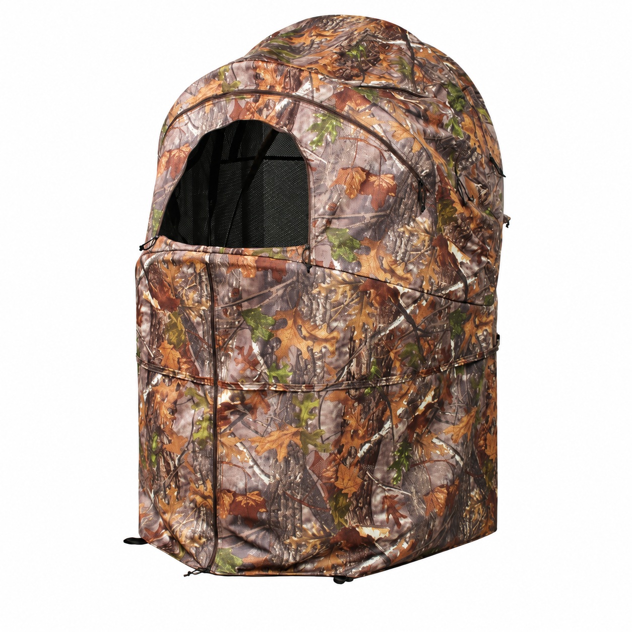 Rounded camouflage observation blind with an arched mesh viewing opening.
