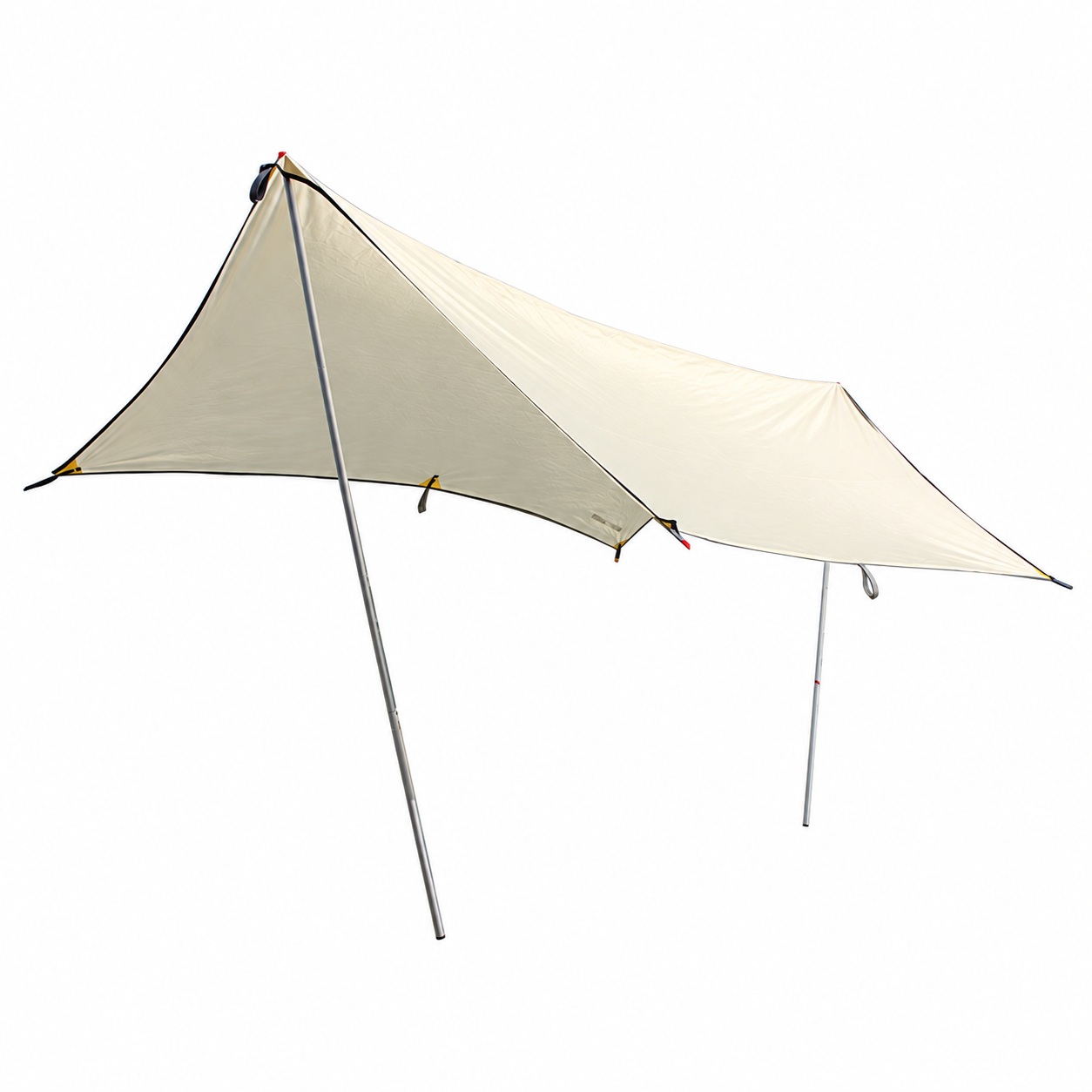 Pale shaped camping tarp with curved edges and pointed corners pitched between upright poles.