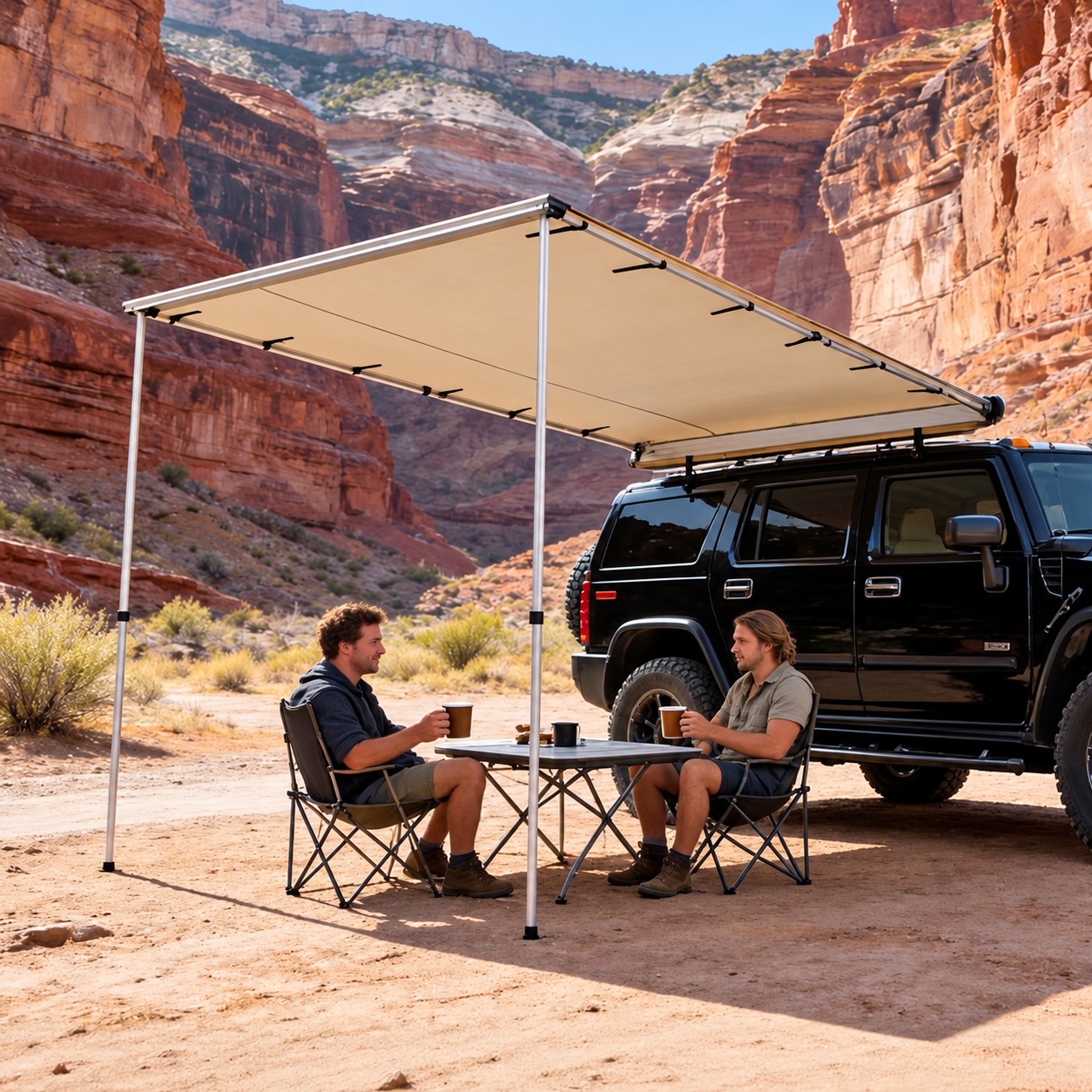 Beige rectangular awning beside a dark vehicle, supported by front poles above a campsite table.