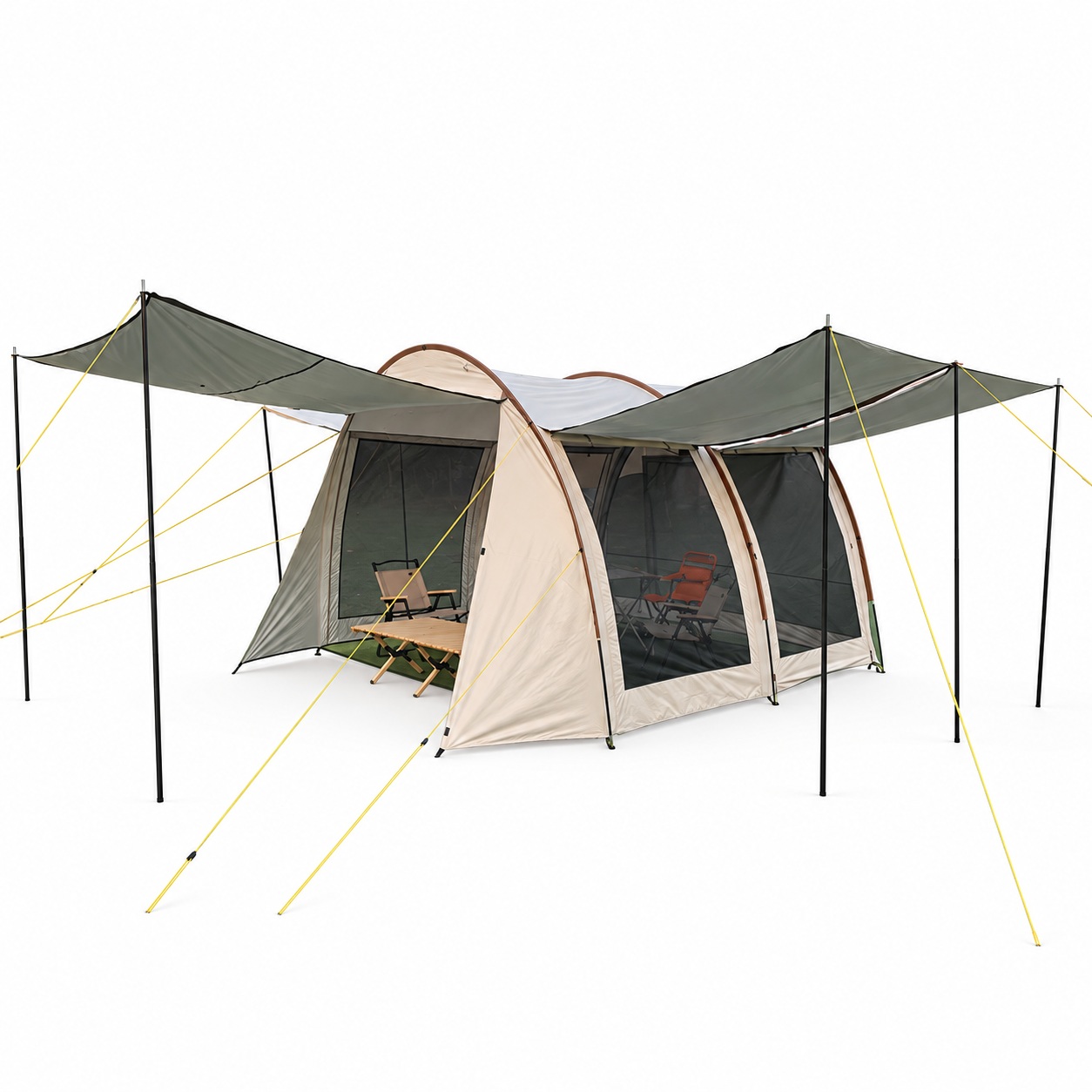 Beige tunnel tent with dark mesh panels and extended side awnings