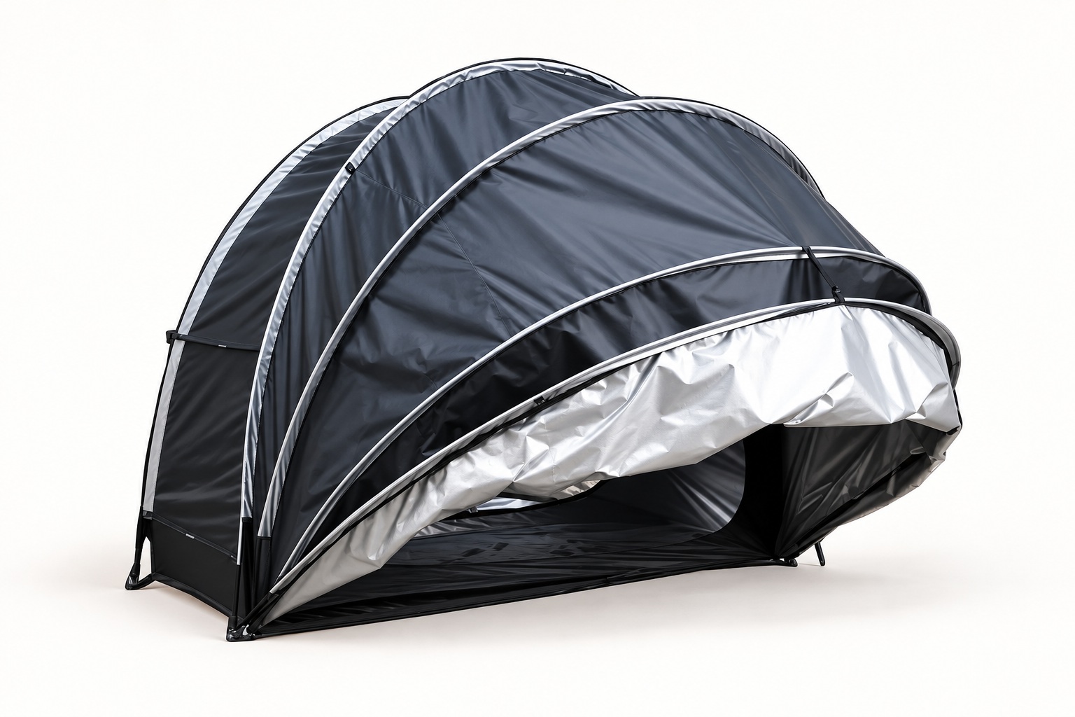 Partly raised charcoal bike storage shelter showing its silver inner face and curved folding ribs