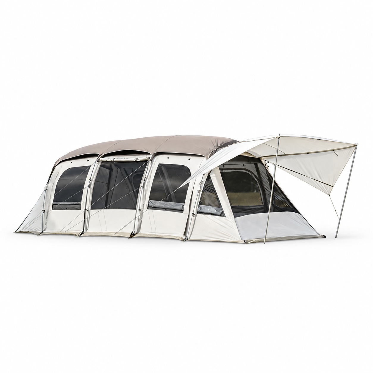 Long family tunnel tent with multiple mesh panels and a raised entrance awning