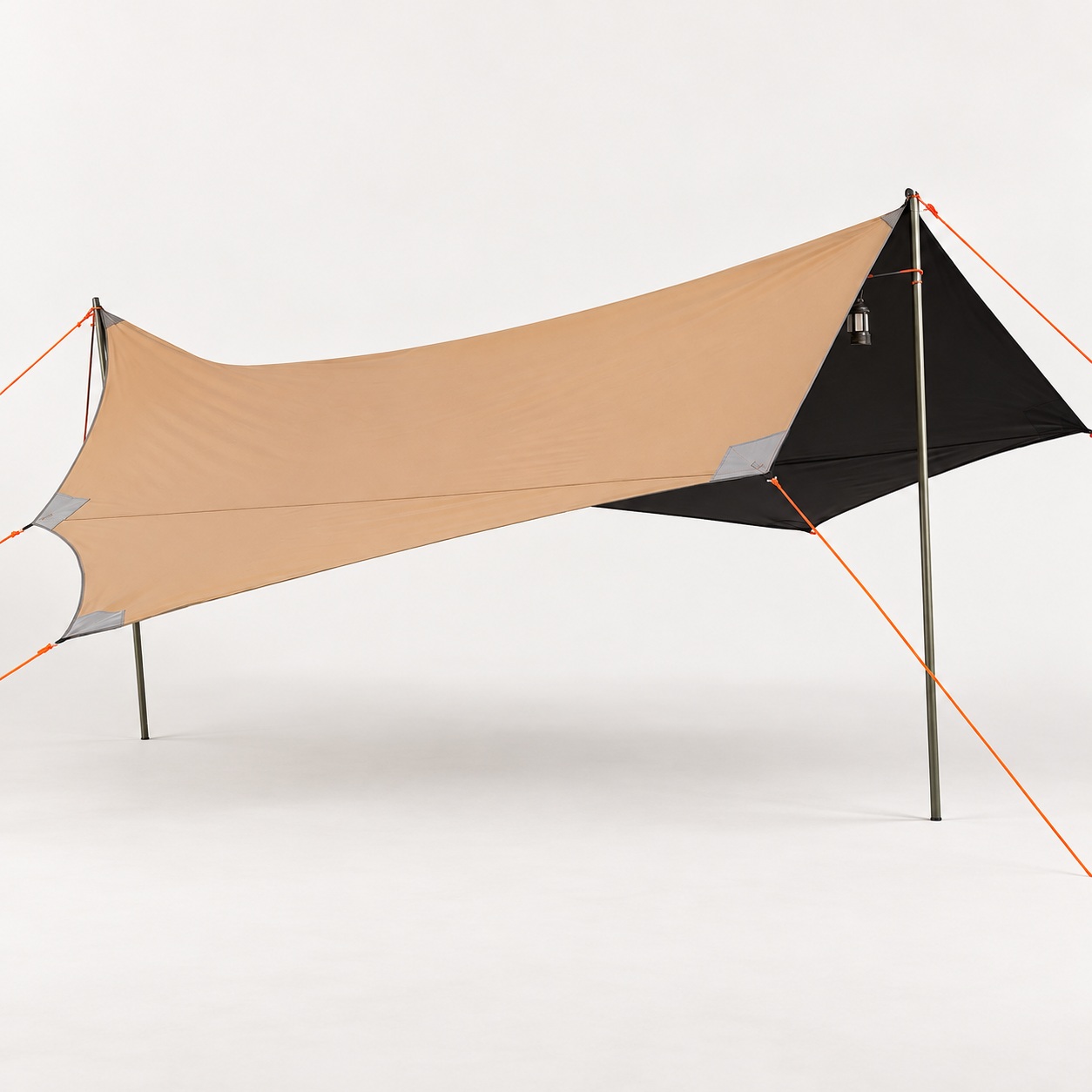 Tan butterfly canopy with a dark underside and orange guy lines