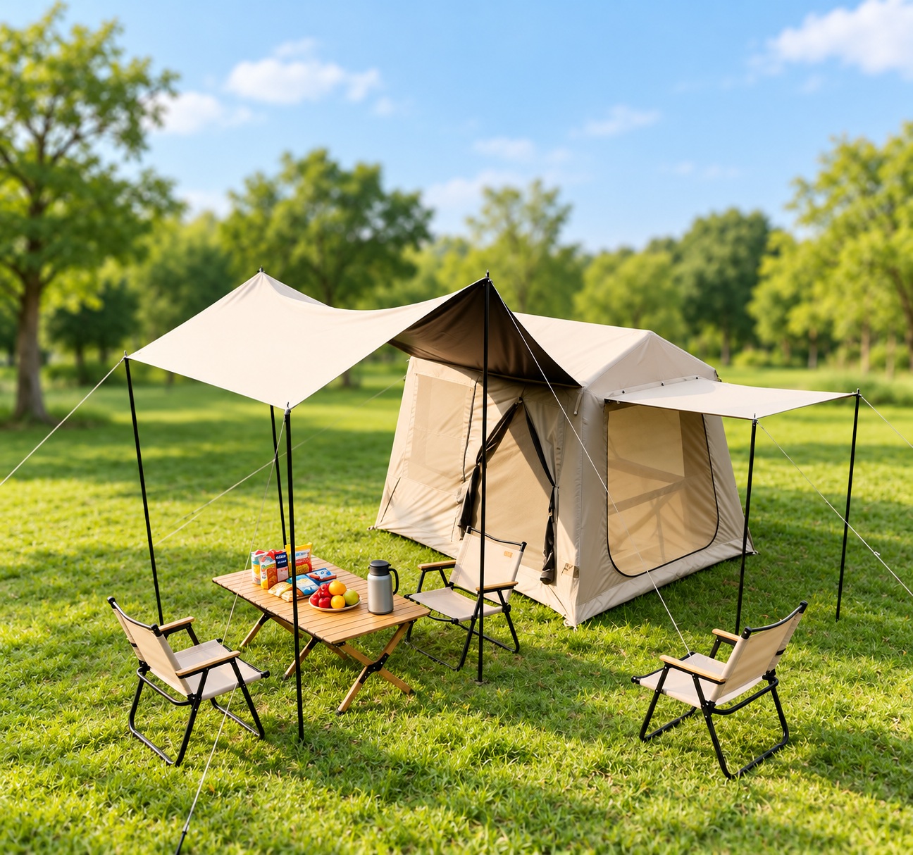 Beige inflatable cabin tent with extended awnings, support poles and guy ropes in a campsite setting