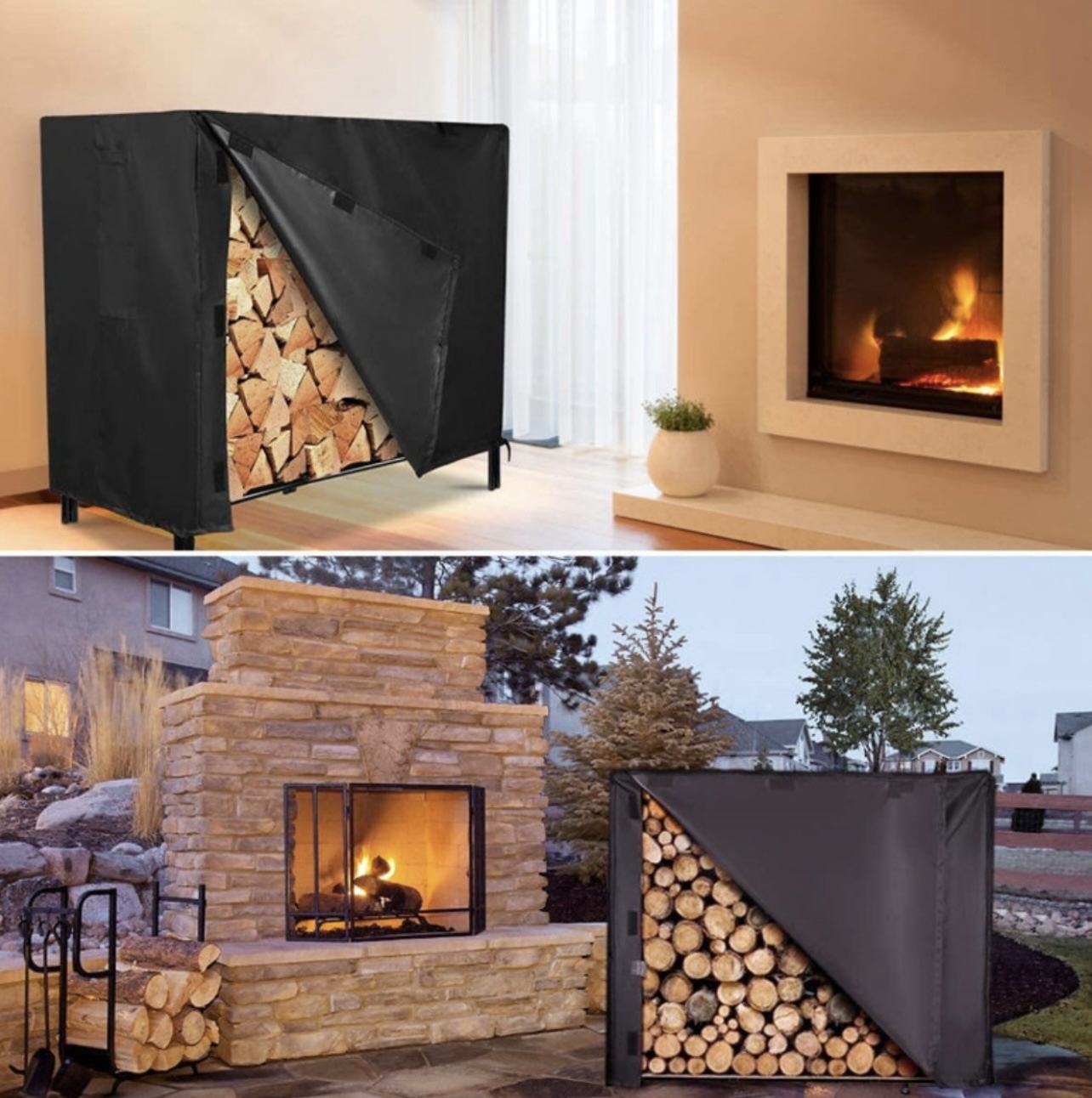 Black firewood rack cover with its front panel partly opened to show stacked logs.