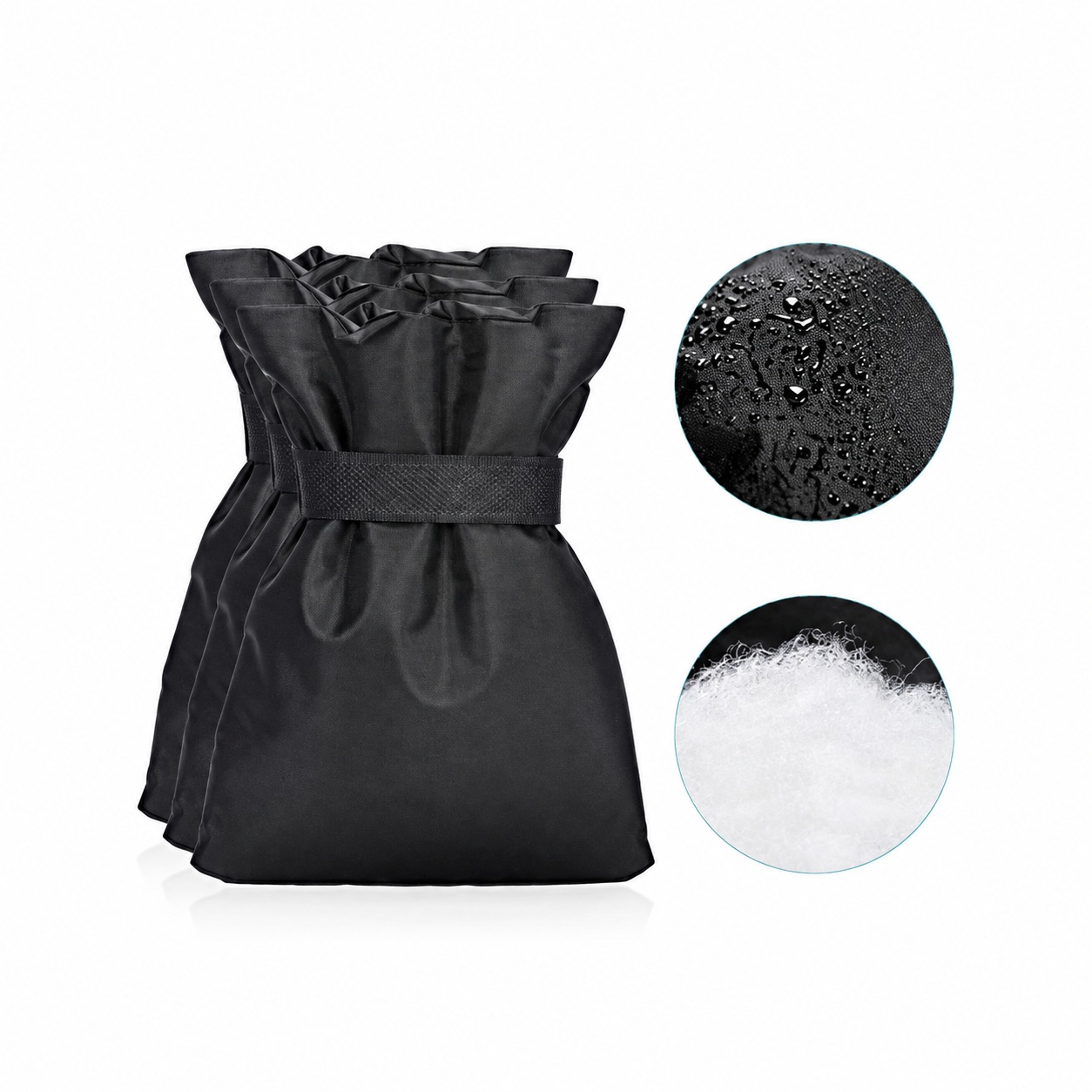 Black padded faucet-cover pouch with a hook-and-loop strap, overlapping pouch views and material-detail insets.