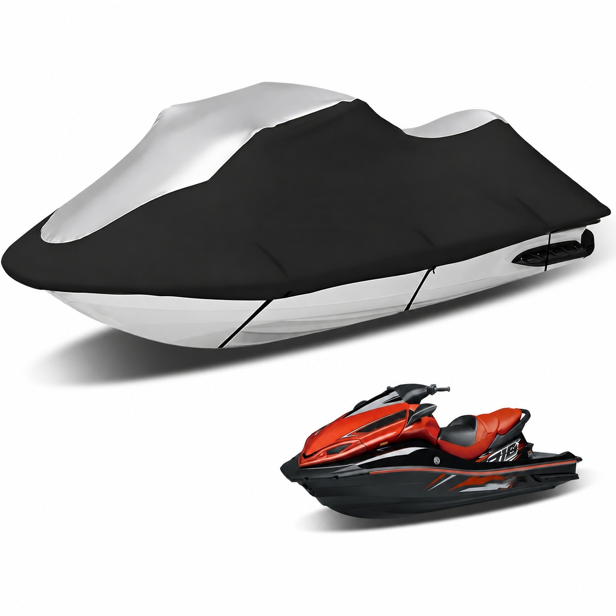 Black and silver contoured cover over a personal watercraft, with retaining straps along the lower edge.