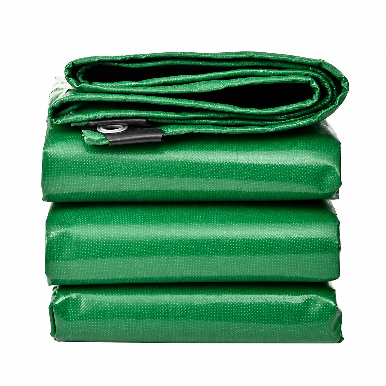 Folded green tarp with reinforced edges and eyelets.