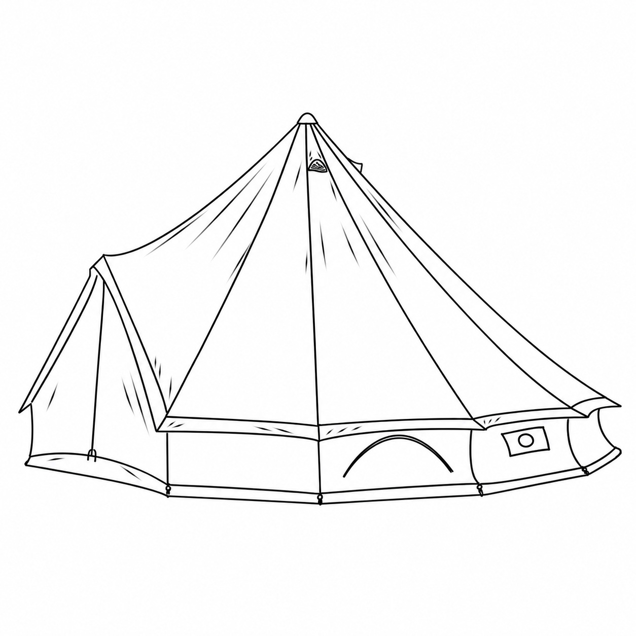 Technical drawing of a center-pole bell tent with a short side wall and projecting entrance.