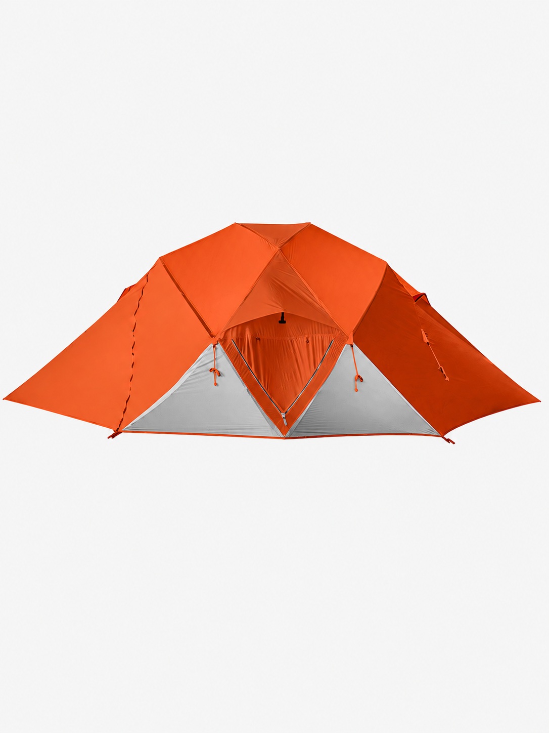 Orange multi-pole tent with a broad vestibule and triangular gray lower panels.