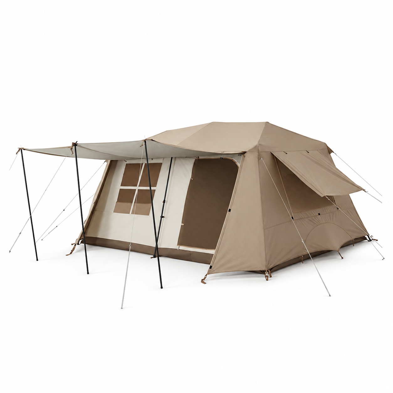 Cabin-style family tent with extended front awning and mesh windows