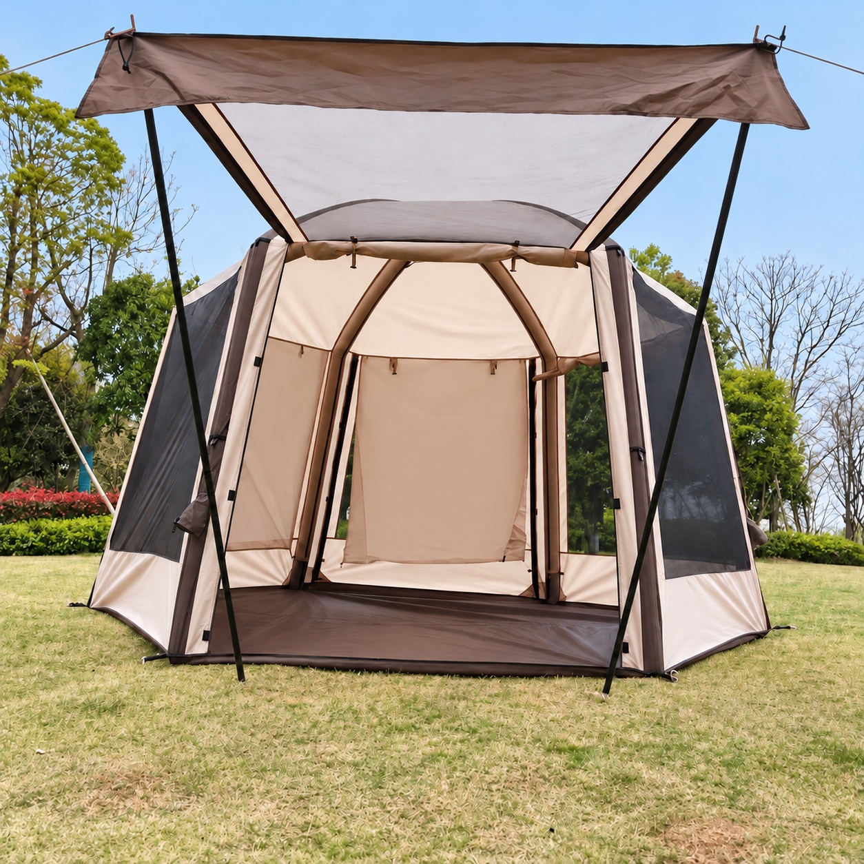Airbeam screen tent with an open front, mesh side walls and a raised porch flap