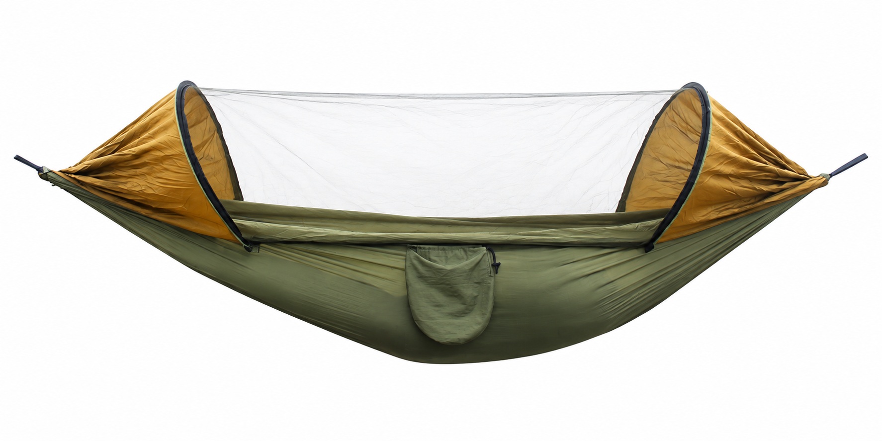 Olive and tan hammock with a transparent mesh enclosure, curved end supports and side pocket.
