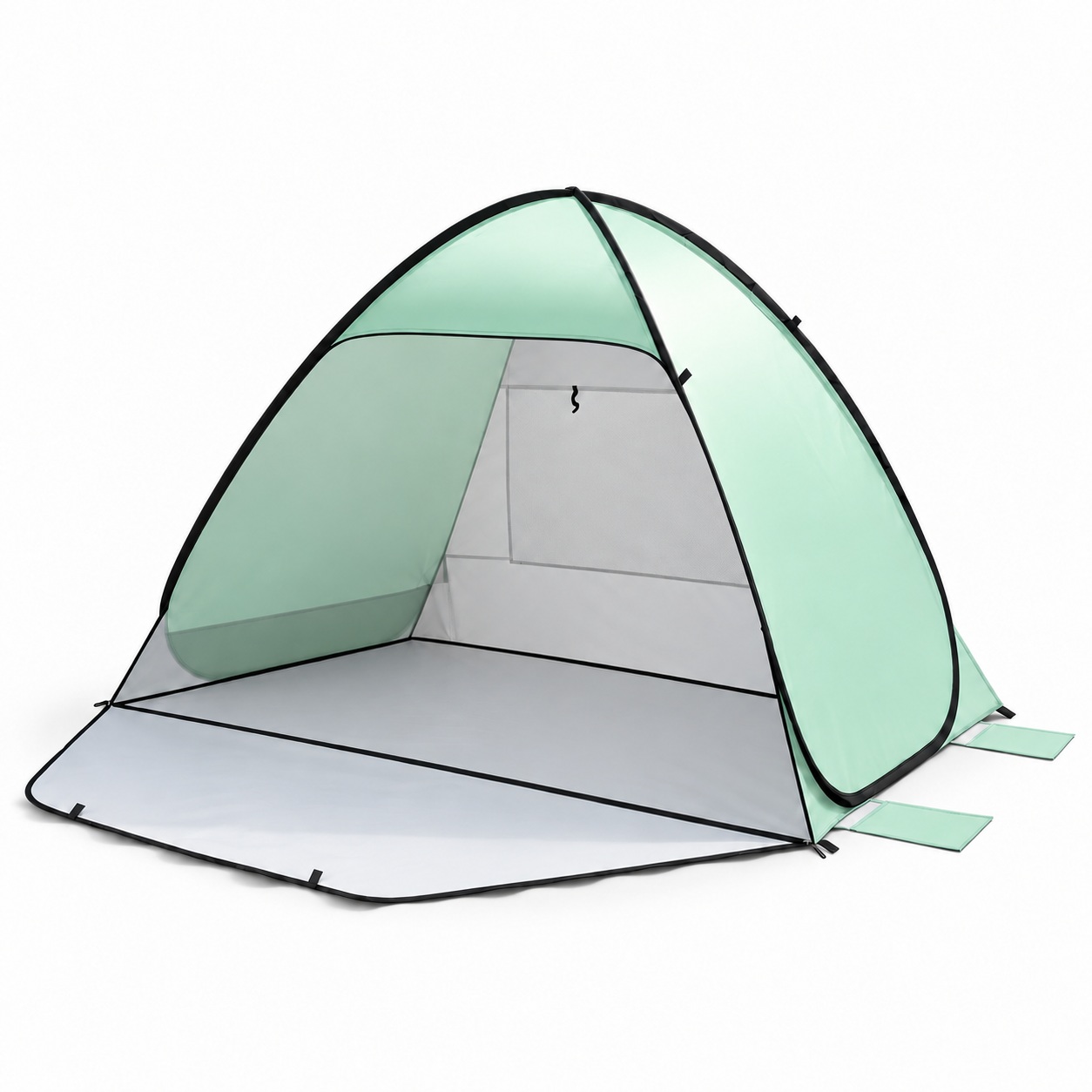 Mint-green beach tent with rear window cover lowered and extended front floor