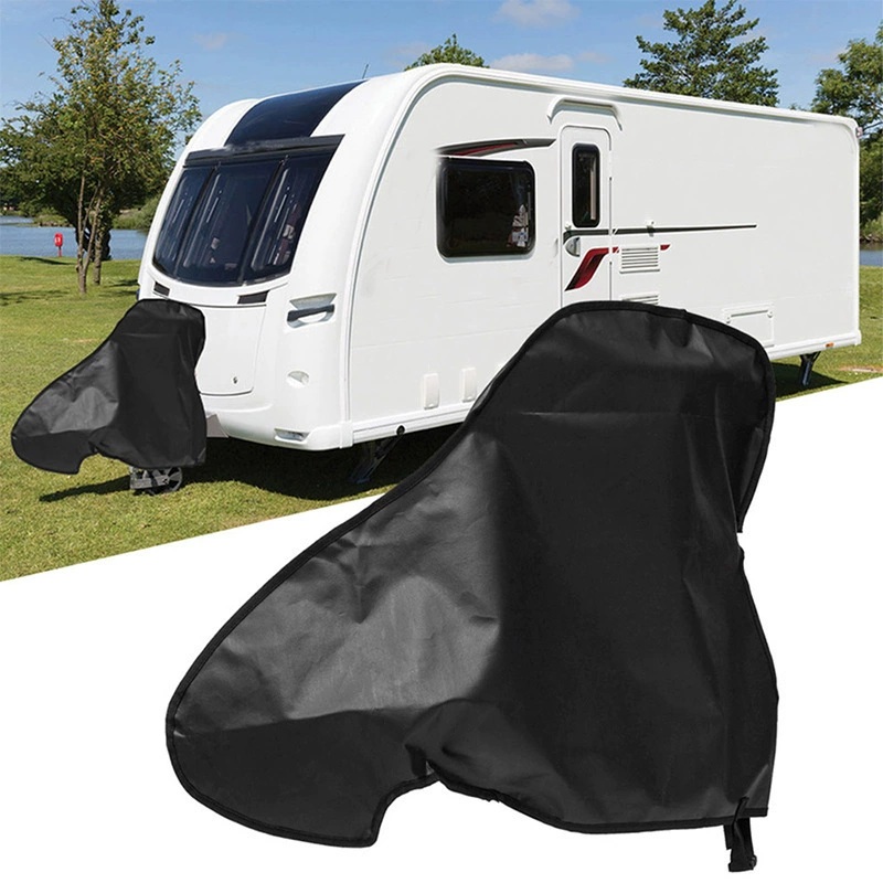 Black tapered trailer hitch cover with a caravan installation inset.