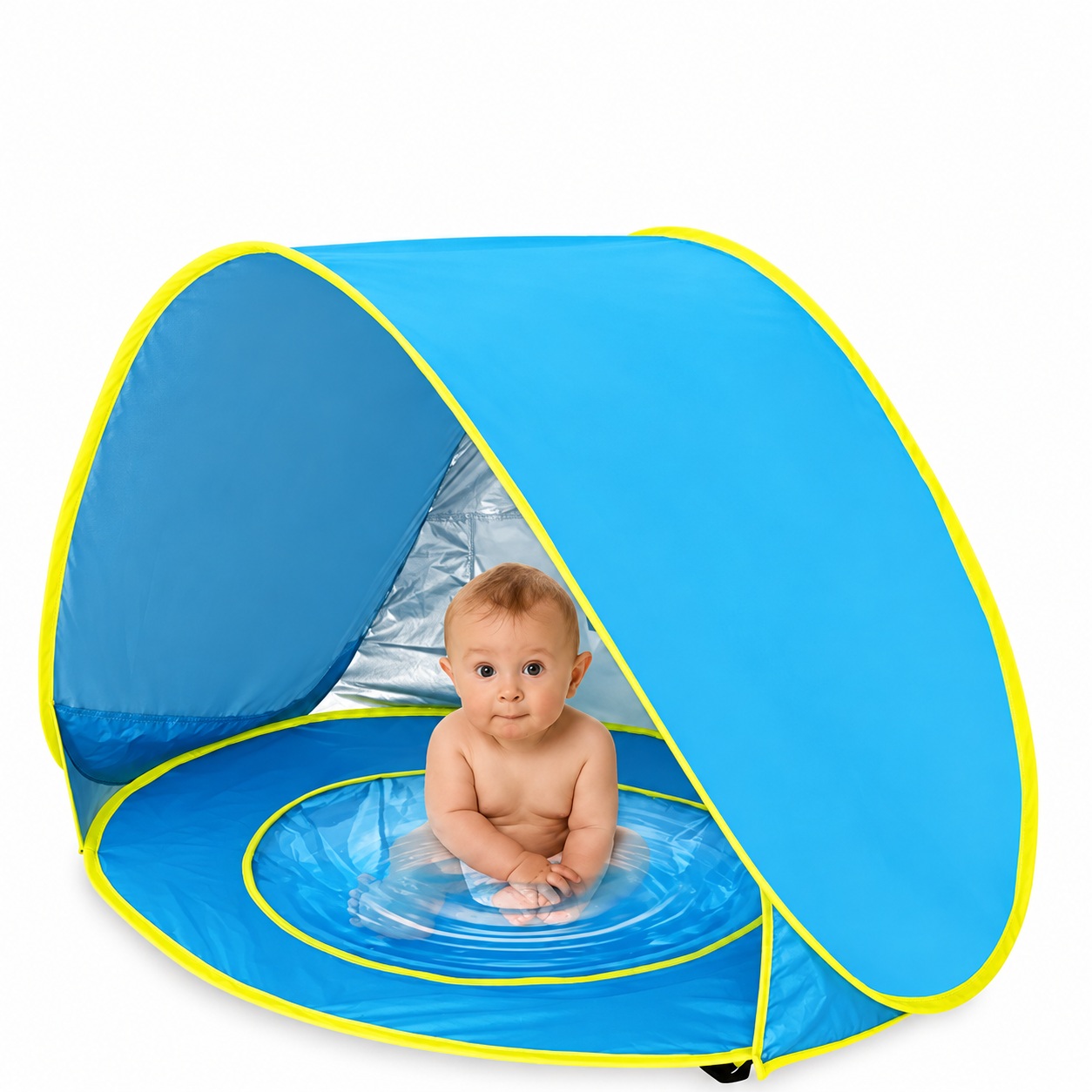 Blue open-front pop-up beach shelter with yellow edging and a round recessed mini pool