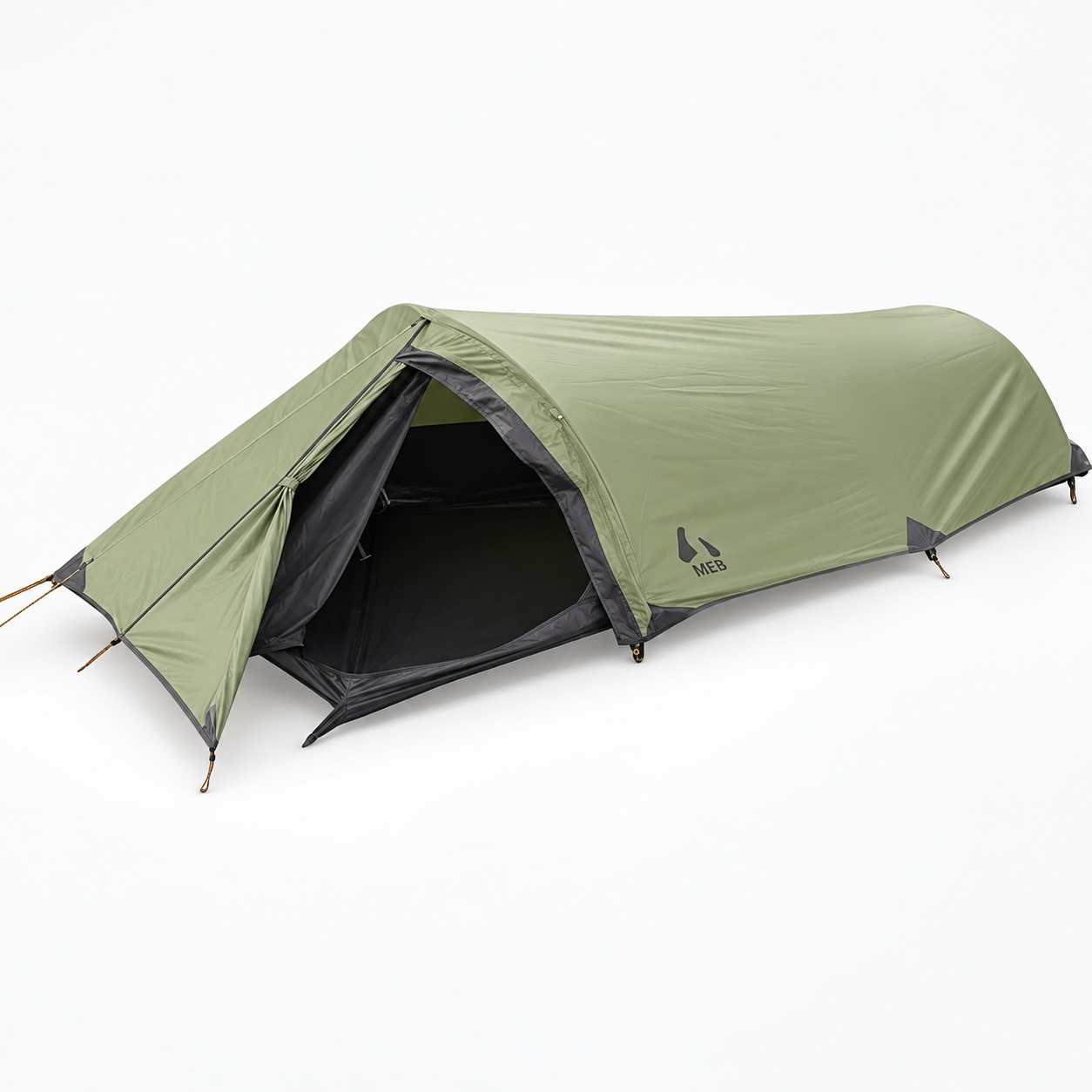 Olive low hoop bivy with an open front porch and dark mesh entrance