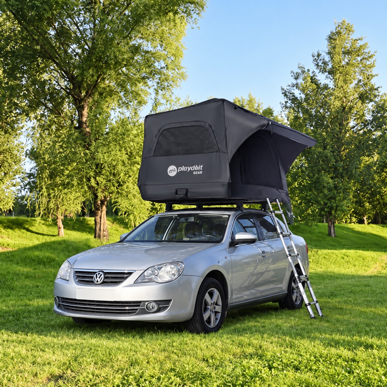 Dark inflatable rooftop tent on a gray vehicle with a telescopic side ladder