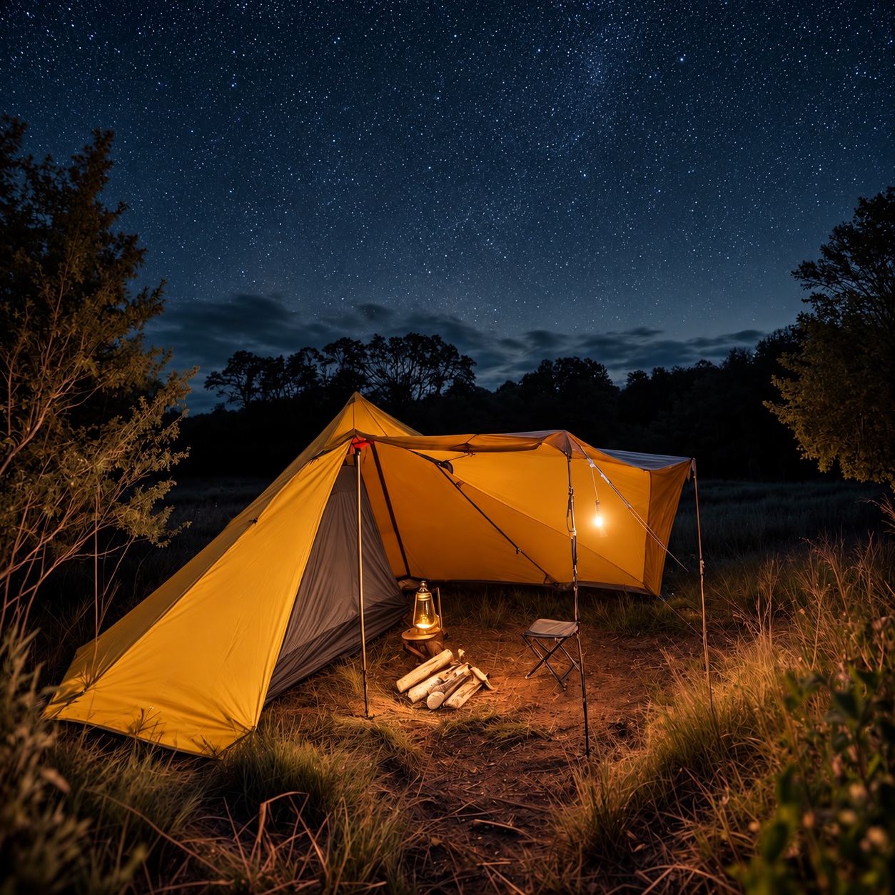 Yellow-brown peaked tipi shelter with a raised entrance panel and guy lines at a night campsite