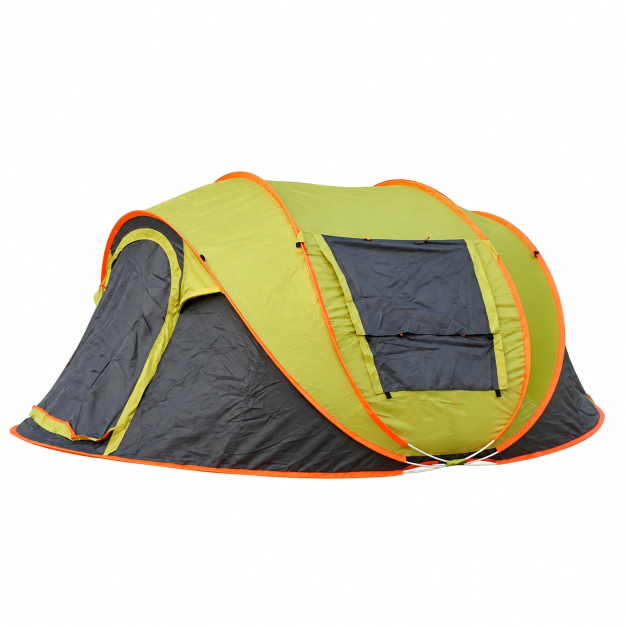 Yellow-green pop-up tent with orange frame edging, an arched entrance and divided grey window covers.