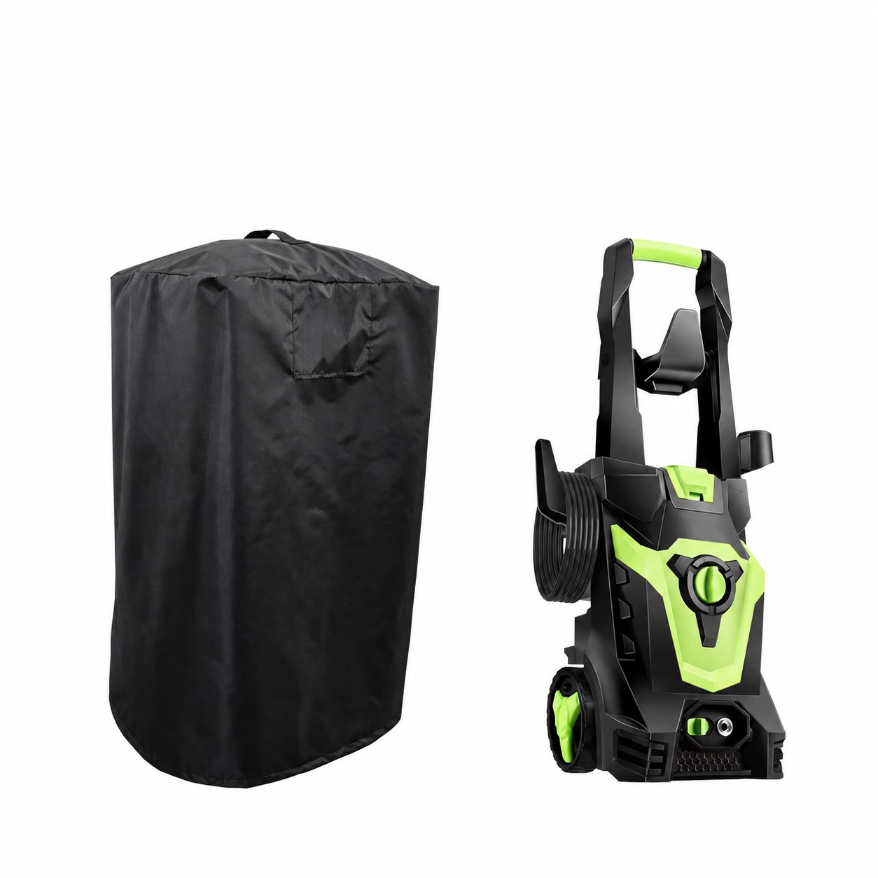 Black pressure washer cover beside a green and black pressure washer.