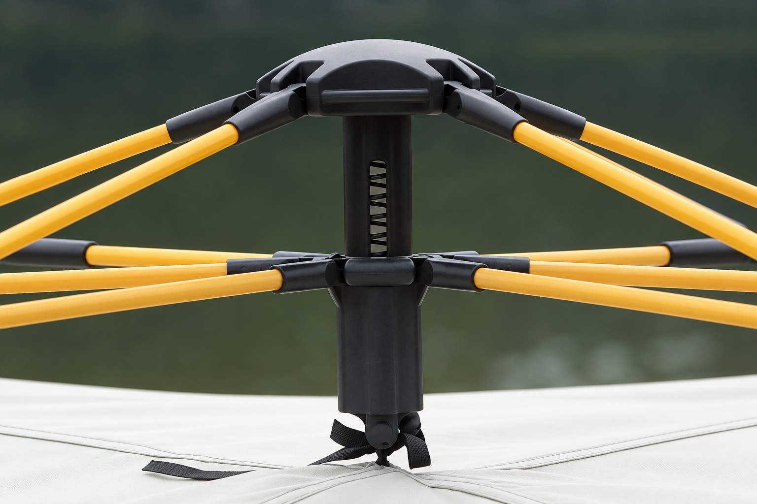 Close-up of the black automatic tent hub and golden frame rods above ivory tent fabric