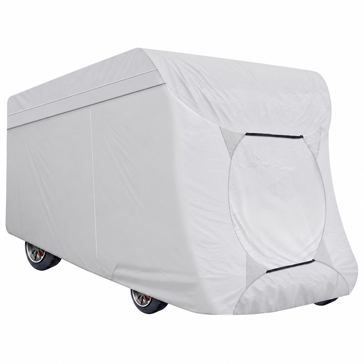 Light-colored full motorhome cover following an over-cab front profile, with outlined access panels and wheels visible below.